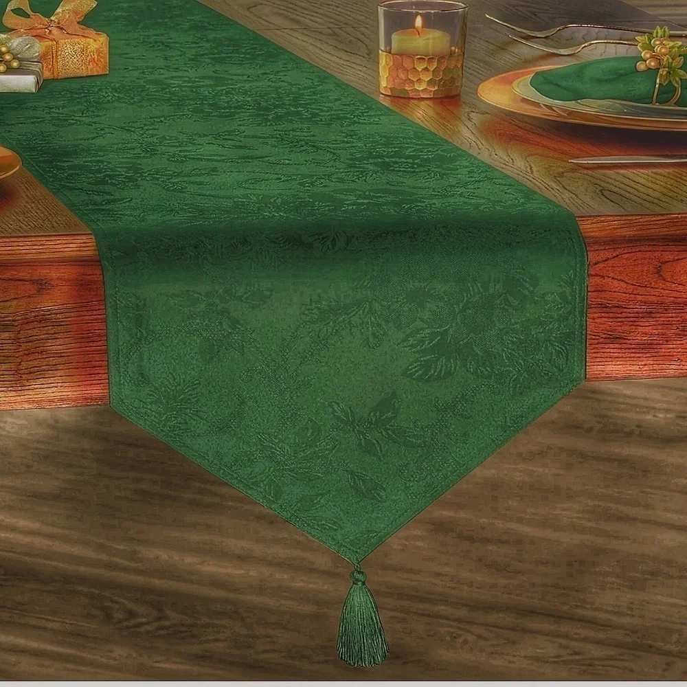 Holly Homes Table Runner Silky Holiday Christmas Green Damask 13 in x 72 in